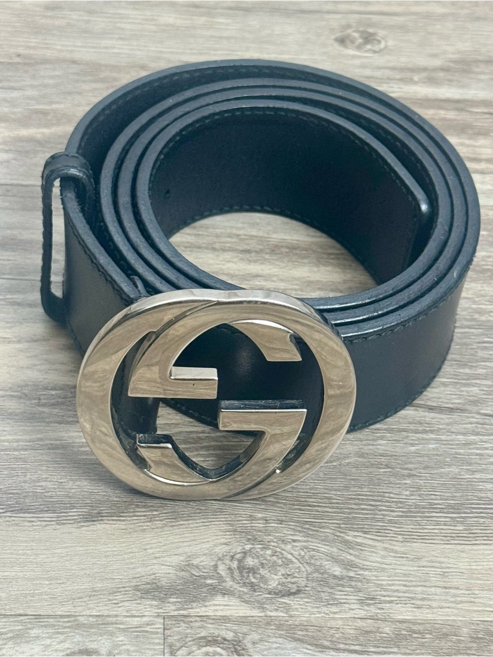 Gucci Interlocking G Black Leather Belt Silver Buckle Size 95/38